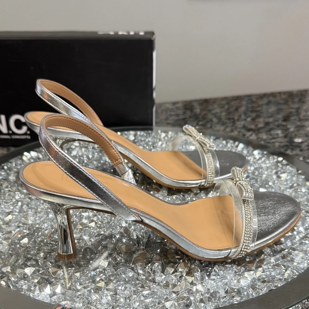 INC International Concepts Shimmering metallic Silver kitten Heels NEW 7.5